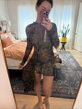 RESA Sheer Floral High-Low Mini Dress in Brown and Olive